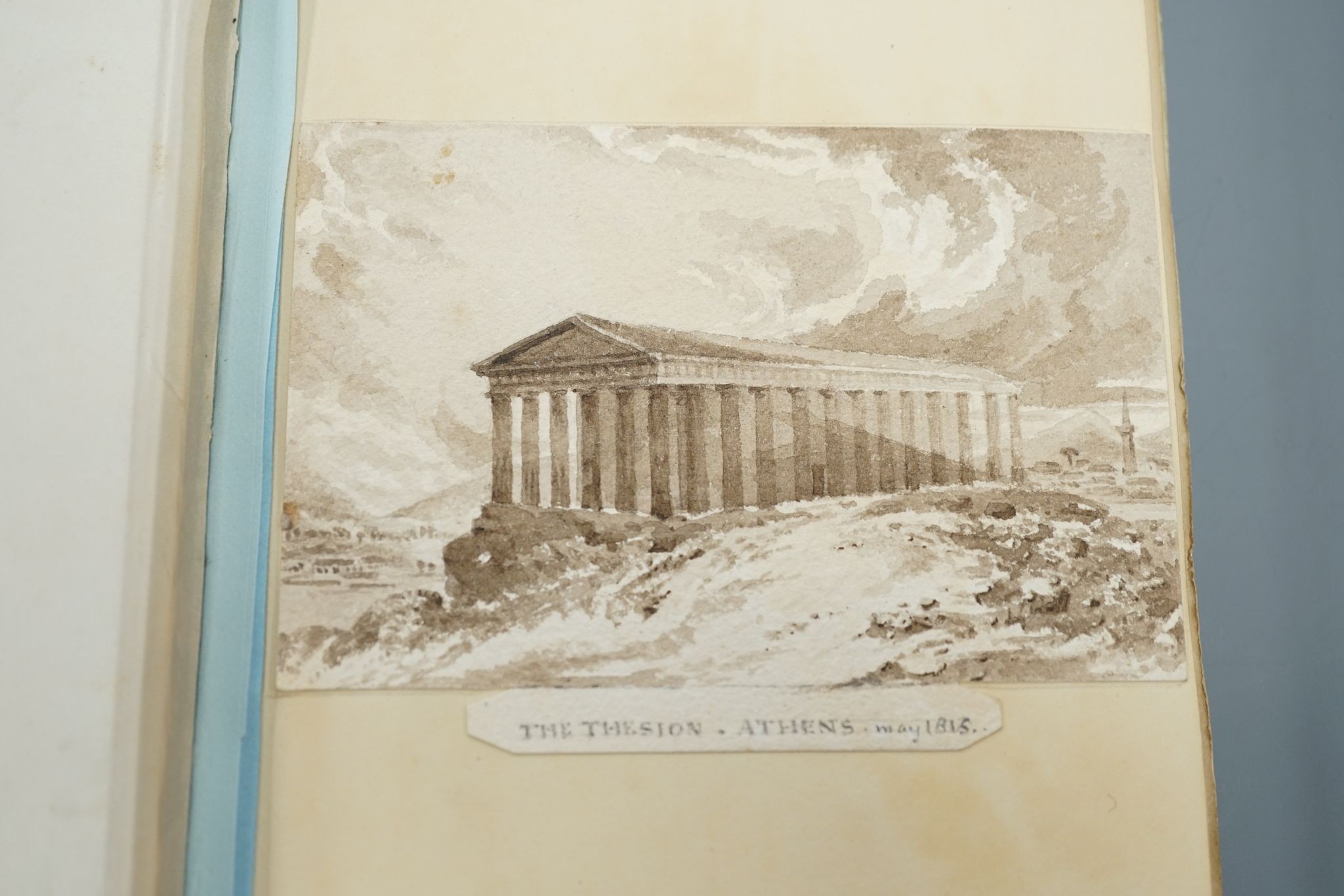 An album of 38 late 18th/early 19th century watercolour and pencil sketches by various hands, including two en grisaille, of Greek temples, by George Stanley Cary (1780-1822), others by Lady Mordaunt (1848-1906), John St